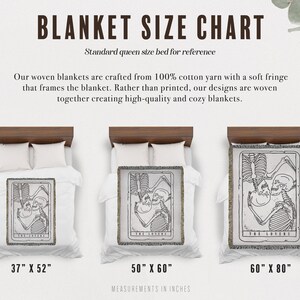 May include: A size chart for woven blankets featuring three different sizes: 37 inches by 52 inches, 50 inches by 60 inches, and 60 inches by 80 inches. Each blanket features a black and white illustration of a tarot card, "The Lovers", with a fringe border.