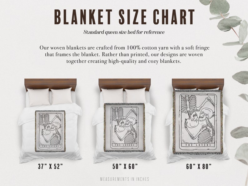 May include: A size chart for woven blankets featuring three different sizes: 37 inches by 52 inches, 50 inches by 60 inches, and 60 inches by 80 inches. Each blanket features a black and white illustration of a tarot card, "The Lovers", with a fringe border.