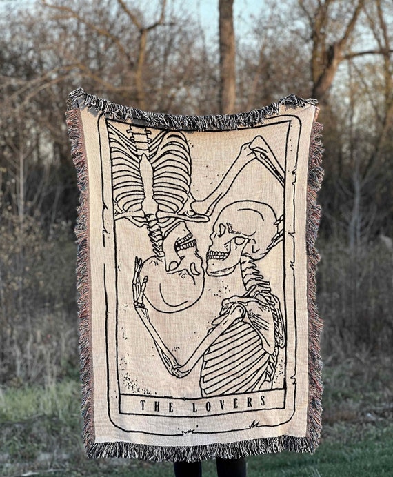 Goth Blanket, The Lovers Tarot Card Woven Throw Blanket, Skeleton Throw Blanket, Goth Skull Decor, Skeleton Couch Blanket Tarot Blanket Gift