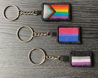 Cross-stitched Pride flag keychain