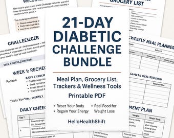 Pacchetto di 21 giorni per il piano alimentare per diabetici: tracker e strumenti per il benessere (download PDF)