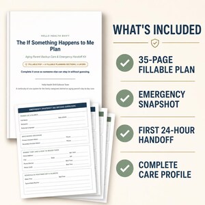 May include: A white document titled The If Something Happens to Me Plan, an aging parent backup care and emergency handoff kit. It includes a 35-page fillable plan, emergency snapshot, first 24-hour handoff, and a complete care profile document.