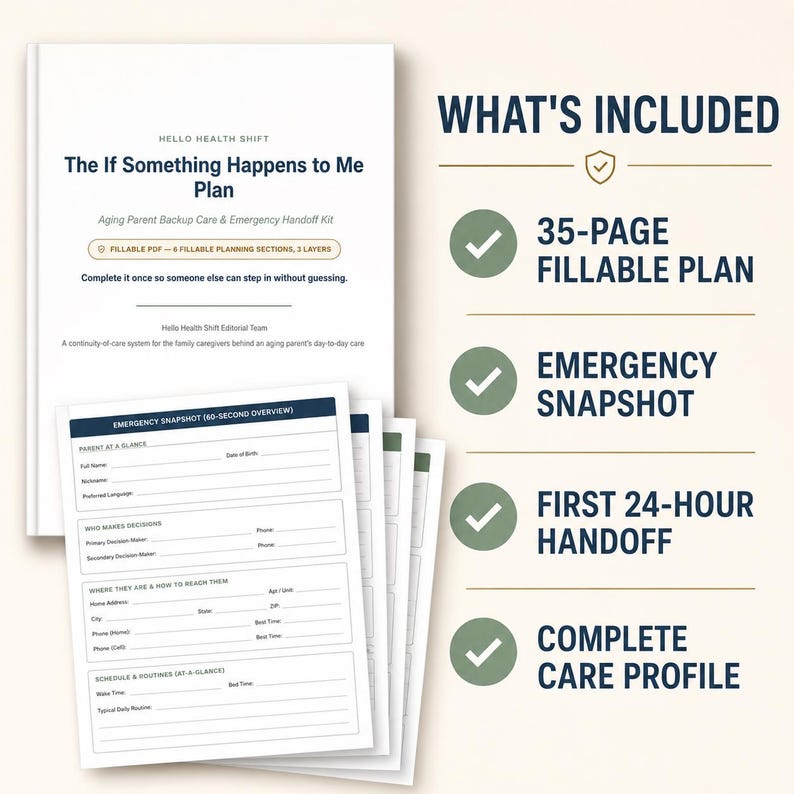 May include: A white document titled The If Something Happens to Me Plan, an aging parent backup care and emergency handoff kit. It includes a 35-page fillable plan, emergency snapshot, first 24-hour handoff, and a complete care profile document.