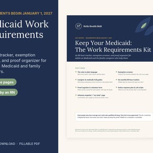 Könnte beinhalten: Ein Medicaid Work Requirements Kit Dokument mit einer dunkelblauen Kopfzeile und dem Text Keep Your Medicaid: The Work Requirements Kit. Die Seite enthält eine Inhaltsliste mit einem Befreiungs-Screener, 80-Stunden-Trackern und einem Nachweis-Organizer.
