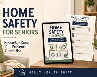 May include: A digital tablet and a printed document displaying a Home Safety for Seniors Room-by-Room Fall Prevention Checklist. The design features dark blue and green text on a light background, including a floor plan graphic and checkboxes.