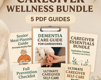 Pacchetto da 5 elementi essenziali per chi si prende cura di qualcuno: guide per l'assistenza agli anziani e diario di auto-cura (pacchetto PDF stampabile)