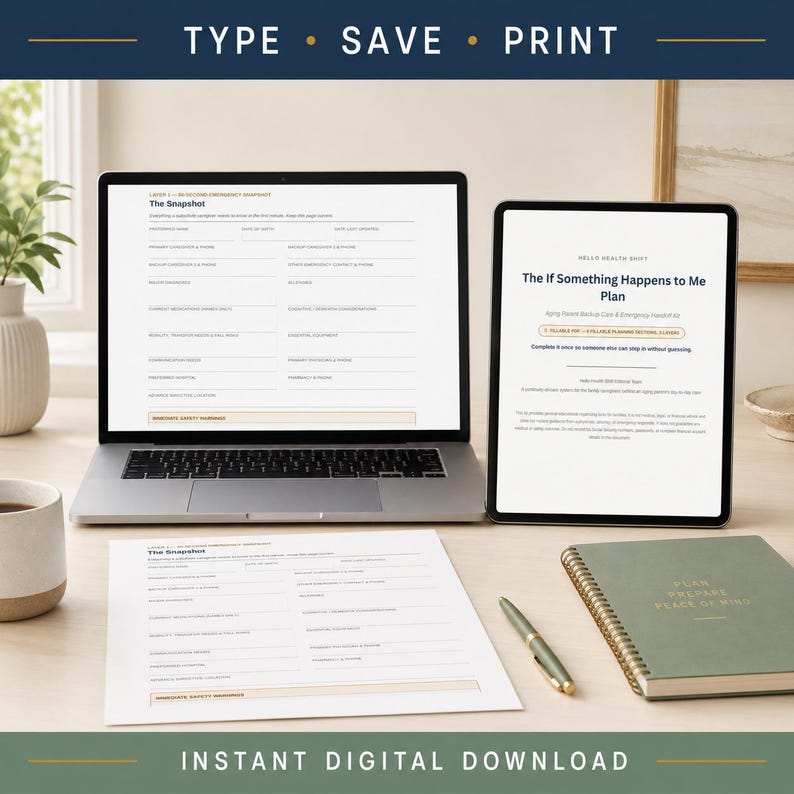 May include: A laptop displaying a digital emergency planning form, a tablet showing a document titled The If Something Happens to Me Plan, a printed copy of the form, a pen, and a spiral-bound notebook with the text Plan Prepare Peace of Mind.