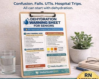 Foglio di avvertenza sulla disidratazione per anziani / Lista di controllo per l'idratazione degli assistenti approvata dall'infermiere (download digitale)