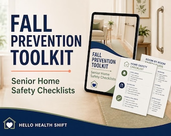 May include: A digital tablet and two printed sheets displaying a Fall Prevention Toolkit for senior home safety. The documents feature checklists for living areas, bathrooms, stairs, hallways, bedrooms, kitchens, and entryways with a blue and green theme.