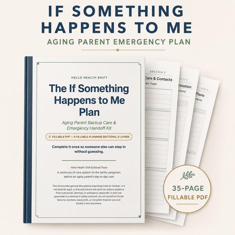 May include: A 35-page fillable PDF document titled The If Something Happens to Me Plan, an aging parent emergency kit. The cover features dark blue text on a white background with six planning sections and a continuity-of-care system.