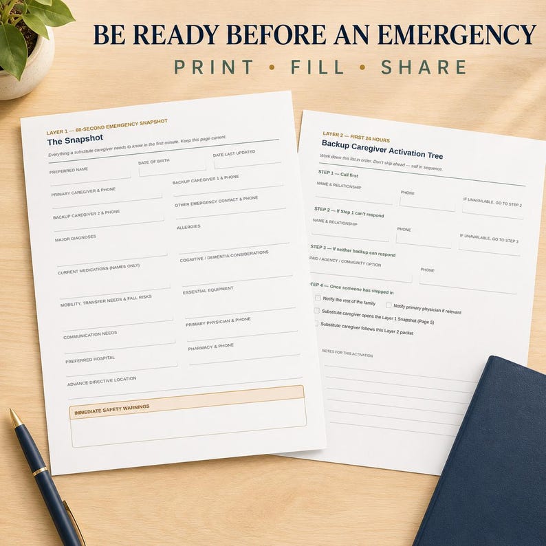 May include: Two white emergency information forms with black text. The first page is titled 60-Second Emergency Snapshot and the second is titled Backup Caregiver Activation Tree. Both sheets feature blank lines for personal data and contact details.