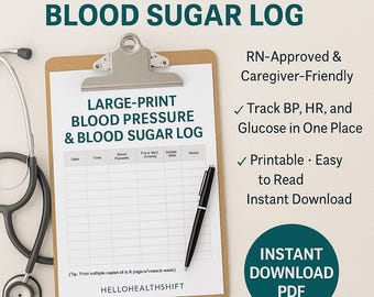Registro della pressione sanguigna e della glicemia a caratteri grandi / Monitoraggio della salute (PDF stampabile)