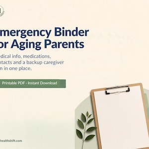 Könnte beinhalten: Ein digitales Dokument mit dem Titel Emergency Binder for Aging Parents und Text zu medizinischen Informationen, Medikamenten, Kontakten und Pflegeplänen. Enthält ein Klemmbrett mit weißem Papier, einen Stift und ein Blatt.