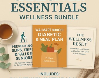 Pacchetto di materiale stampabile essenziale per chi assiste: sicurezza in caso di caduta, piano alimentare per diabetici, cura di sé