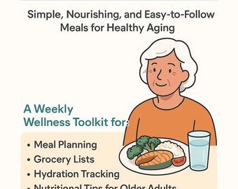Planner pasti per anziani in formato PDF: menu settimanale, lista della spesa, monitoraggio dell'idratazione (download digitale)