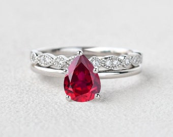 1ct Pear Shaped Lab Ruby Solitaire Ring Set 2pcs