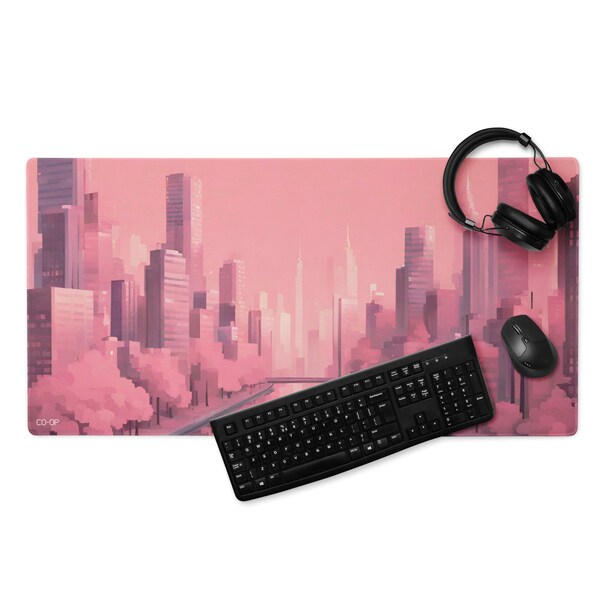 Pastel Pink Cityscape | PIXEL | Gaming desk mat