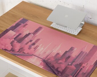Pastel Pink Pixel Cityscape | XL Gaming Desk Mat (Mouse Pad)