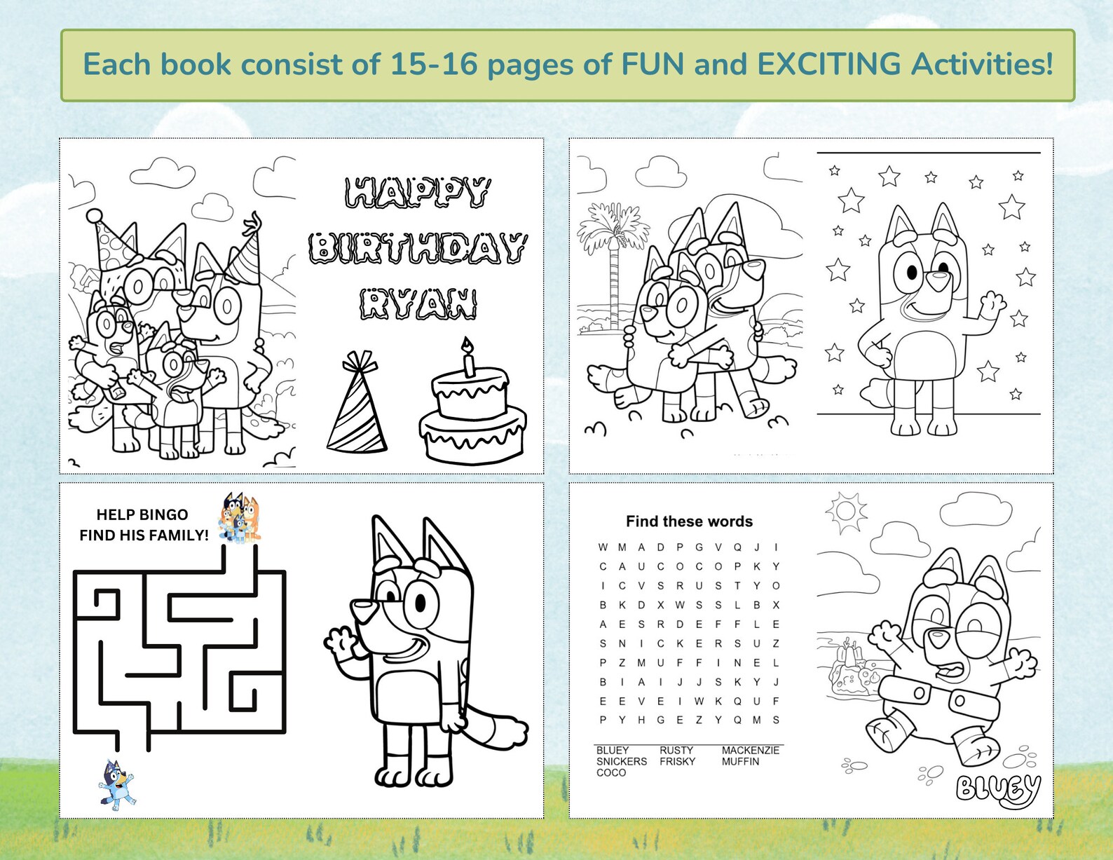 Bluey Mini Coloring Sheets/book, Personalized Coloring Sheets, Birthday ...