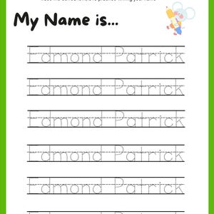 May include: A name tracing practice worksheet with the text "NAME TRACING PRACTICE" and "My Name is...". The worksheet has dotted lines for tracing the name "Edmond Patrick". A cartoon mouse with a pencil is in the upper right corner.
