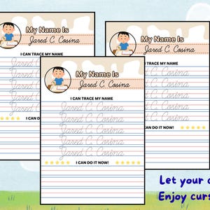 May include: Three handwriting practice sheets with the name "Jared C. Cosina" printed in cursive. Each sheet has a cartoon illustration of a child writing. The text "I CAN TRACE MY NAME" and "I CAN DO IT NOW!" are also visible.