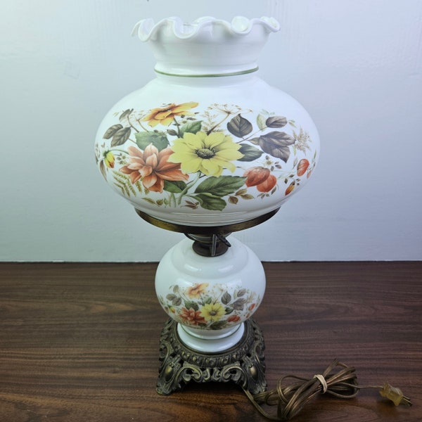 VINTAGE Gone With The Wind Hurricane Parlor Lamp Floral Glass W/2 Lights