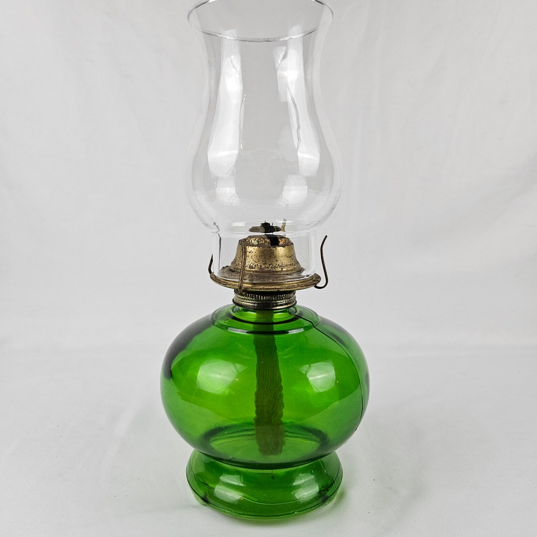 Vintage Green Oil Lamp Kerosene Depression Glass Chimney Globe Etsy