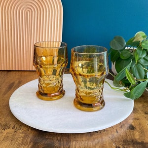 Pair of Anchor Hocking Juice Glasses in Amber, honeycomb pattern