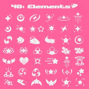 May include: A set of 40+ white star and celestial-themed design elements on a pink background. The elements include stars, moons, comets, and other celestial objects.