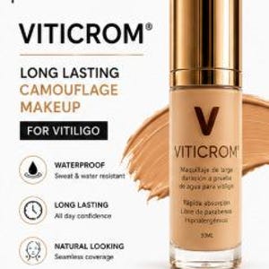 Puede incluir: Un frasco cilíndrico de maquillaje de camuflaje de larga duración Viticrom para vitiligo con tapa dorada. La base de maquillaje líquida beige se muestra con una mancha de producto detrás del frasco. La etiqueta incluye el texto Viticrom, waterproof, long lasting, natural looking.