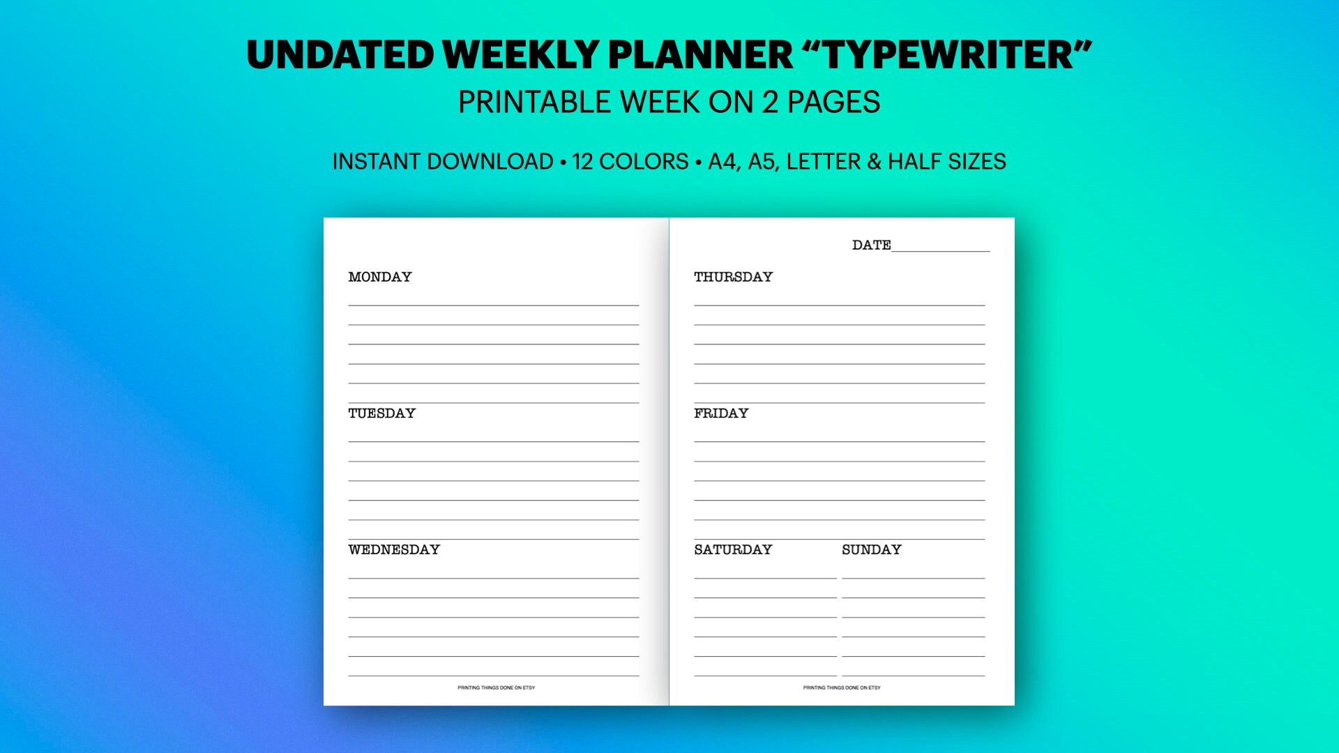 Undated Weekly Planner Printable, Typewriter Style, Week on 2 Pages ...