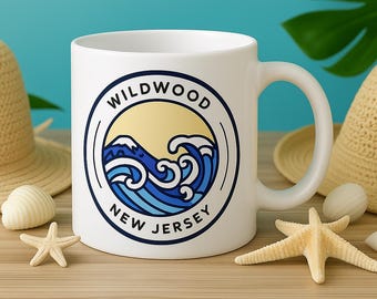 Wildwood Beach Coffee Mug, New Jersey Wave Design, Coastal Souvenir