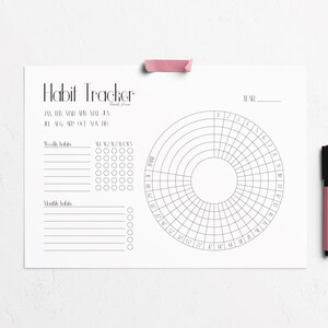 Könnte beinhalten: Ein druckbarer Habit Tracker mit einem Kreisdiagramm zur täglichen Verfolgung, einem Abschnitt für wöchentliche Gewohnheiten und einem Abschnitt für monatliche Gewohnheiten. Das Diagramm ist in 31 Abschnitte unterteilt, die von 1 bis 31 nummeriert sind. Der Text "Habit Tracker" befindet sich oben auf der Seite.