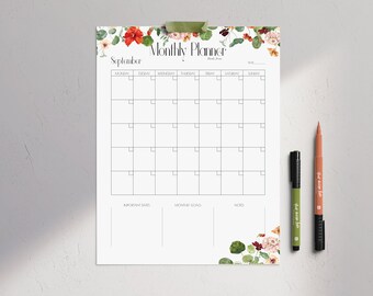 Monthly Planner Printable PDF - Undated 12 Months Monthly Planner Bundle - Floral Design - US Letter Size - Vertical - Instant Download