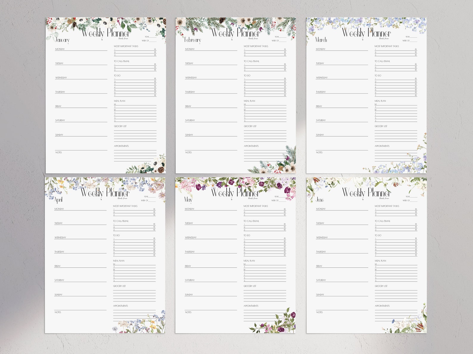 Botanical Weekly Planner Printable: Undated 12-month Bundle (US Letter ...
