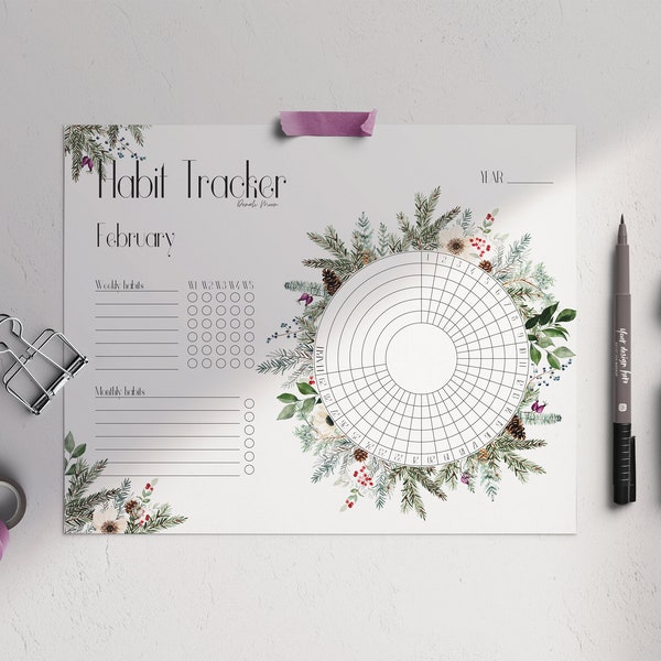 Habit Tracker Printable PDF - 12 Month Circle Habit Planner Bundle - Botanical Design - US Letter Size - Landscape - Instant Download