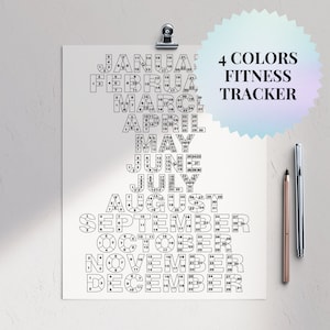 Workouttracker, fitnessgewoontentracker, wellnesstracker, maanden, trainingsplanner, Amerikaanse letter, 4 kleuren, normaal jaar en schrikkeljaar