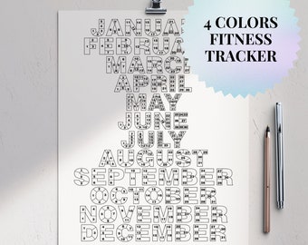 May include: A printable fitness tracker with a calendar design. The months of the year are spelled out in large letters and each month has a grid of 31 days. The text "4 Colors Fitness Tracker" is at the top of the page.