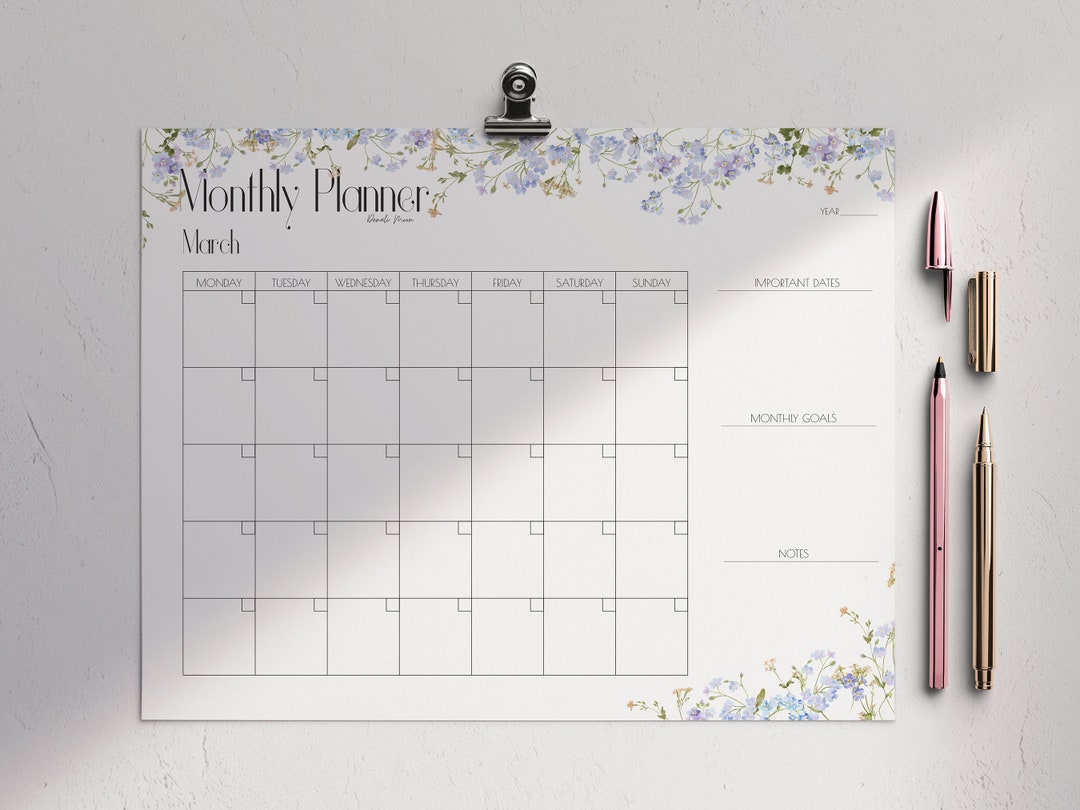 Monthly Planner - Printable Undated PDF - Monthly Calendar 12 Month ...