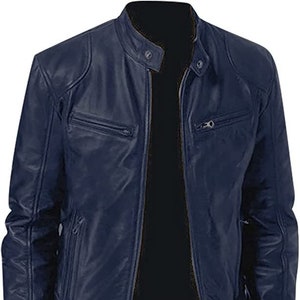 Biker Style Navy Blue Leather Jacket Real Leather Length - Etsy