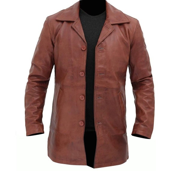 Men s Brown Leather Coat Real Leather Mid Length Winter Coat Men s