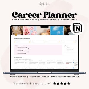 Puede incluir: Una computadora portátil muestra una interfaz de planificador de carrera con el texto "Career Planner" y "Easy Navigation Menu". La pantalla muestra una plantilla de Notion con secciones para objetivos profesionales y seguimiento del impacto. El diseño es apto para TDAH y está hecho para profesionales.
