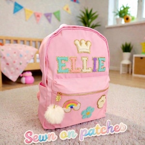 Personalized Backpack for Girls with Chenille Patches | Custom Name Kids Bag | Back to School Gift | Preppy Travel School Backpack