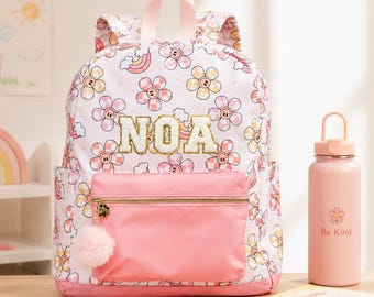 Gepersonaliseerde bloemenrugzak voor meisjes | Aangepaste roze schoolrugzak met opgenaaide naam | Schattige boekentas voor kinderen van 5-8 jaar
