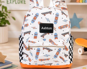 Boys Personalized Backpack with Skateboard Print | Custom Name Nylon School Backpack | Trendy Kids Bag Ages 5–8