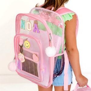 Personalized Girls Clear Backpack | Transparent School Backpack | Custom Name Bookbag | Stadium Approved | Sewn On Patches