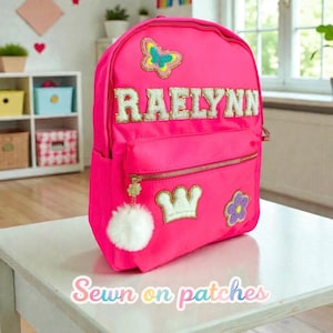 Personalized Name Backpack with Chenille Patches | Custom Girls Back to School Bag | Sewn-On Letter & Design Patches | Nylon Kids Backpack