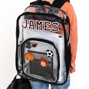 Personalized Clear Backpack for Boys | Custom Name School Bag with Patches | Transparent Kids Backpack image 1