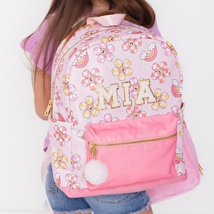 Personalized Pink Backpack for Girls Ages 5–8 | Custom Floral School Backpack | Cute Elementary Bookbag with Sewn On Patches