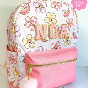 Personalized Nylon Backpack with Patches, Back to School School Bag, Custom Bag with Chenille Patches, Travel Backpack, Name Backpack Girls